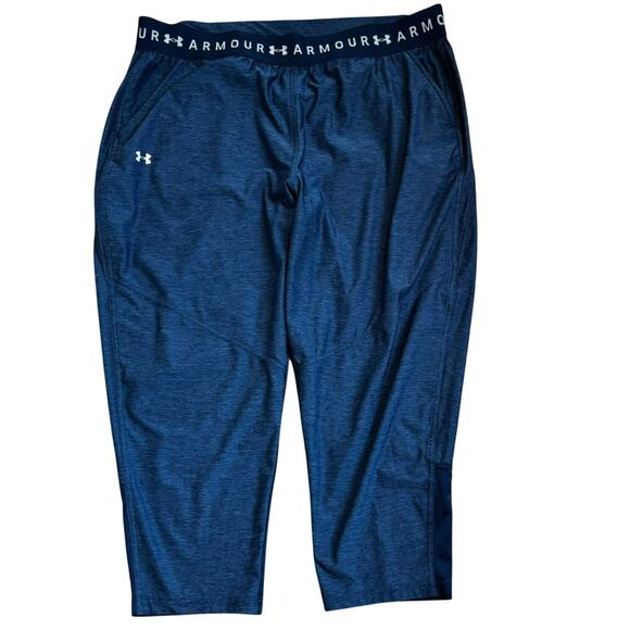 UNDER ARMOUR Women's XXL Navy Blue Athletic Crop Pants Spell out Logo Pockets - Picture 2 of 8